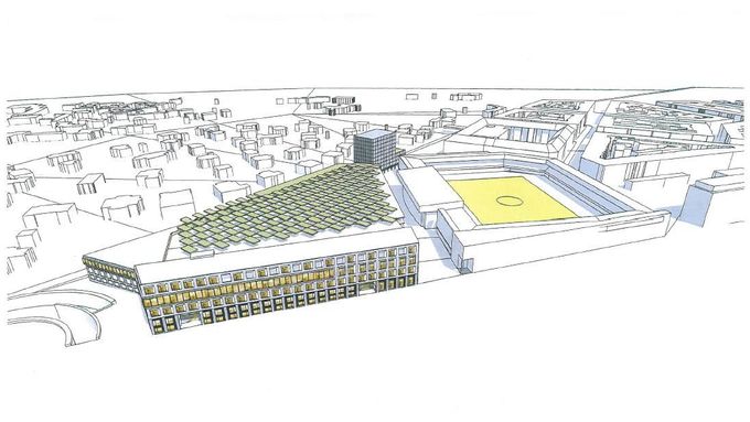 Vizualizace obchodního centra na Letné, které plánuje postavit dceřiná firma fotbalové Sparty ACS Properties