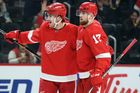 Dec 12, 2019; Detroit, MI, USA; Detroit Red Wings right wing Filip Zadina (11) celebrates his goal with defenseman Filip Hronek (17) and teammates during the second perio