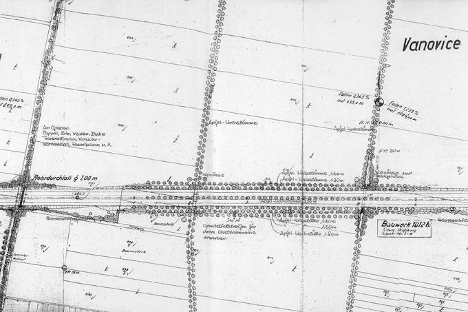 Krajinné plánování "říšské" dálnice Vídeň-Brno-Breslau u Vanovic na Moravě, cca 40. léta.