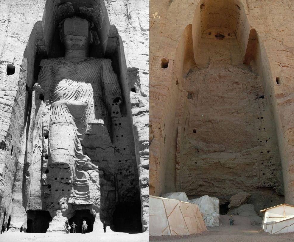 Socha Buddhy v Bamjánu před a po zničení