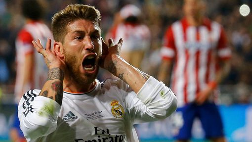 Real Madrid's Sergio Ramos celebrates after scoring a goal against Atletico Madrid during their Champions League final soccer match at the Luz Stadium in Lisbon May 24, 2