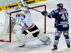 Útočník Liberce Andrej Podkonický a brankář Sparty Praha Tomáš Duba v souboji play off.