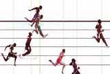 Usain Bolt vyhrává svůj rozběh v závodě na 100 metrů. Takhle Bolta zná celý svět. On v cíli, ostatní kdesi před cílovou rovinkou.
