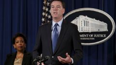FBI Director James Comey speaks next to U.S. Attorney General Loretta Lynch at a news conference at the Justice Department in Washington