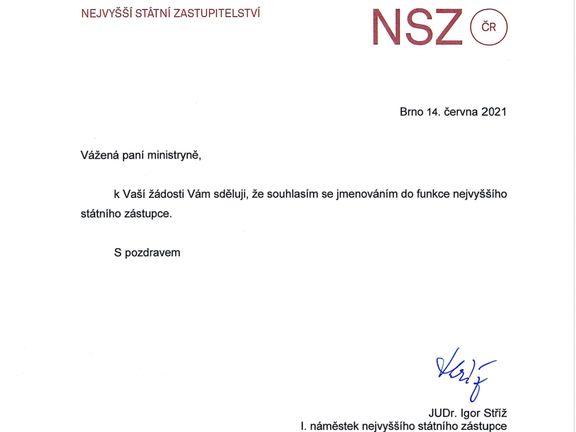 Dopis Igora Stříže ministryni spravedlnosti Marie Benešové.