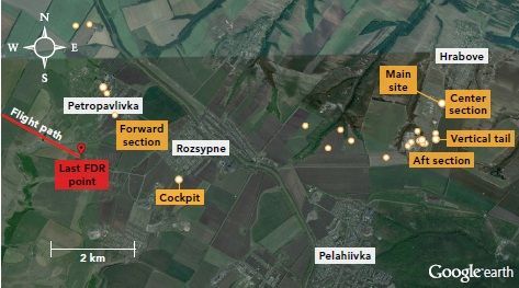 MH17  - mapa trosek