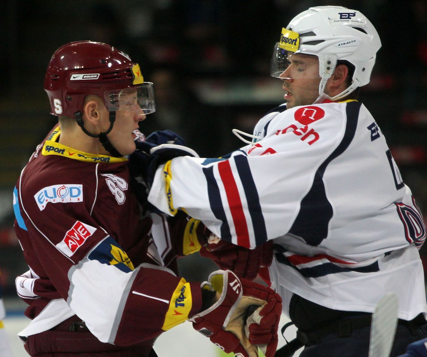 Hokejista Chomutova v souboji s Miroslavem Formanem v utkání 16. kola Tipsport extraligy 2012/13 proti Spartě Praha.