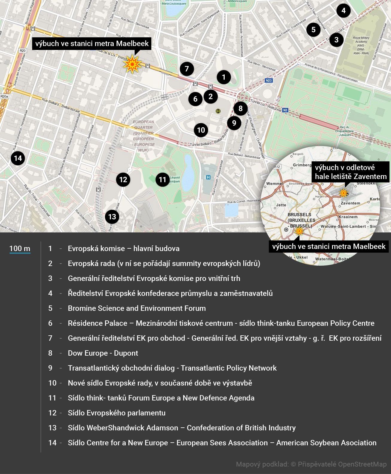 mapa - Brusel - instituce v blízkosti místa výbuchu