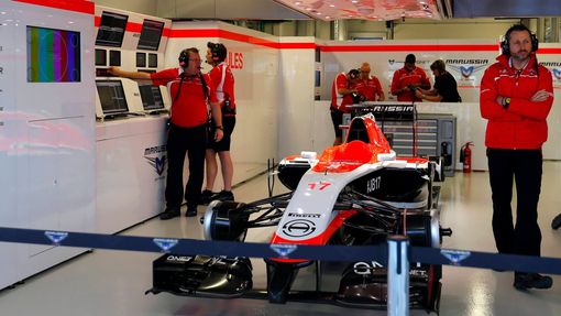 The car of Marussia Formula One driver Jules Bianchi of France is pictured in the garage during the first free practice session of the Russian F1 Grand Prix in the Sochi