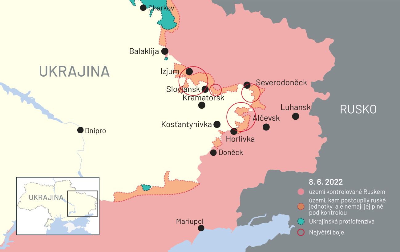 8. červen 2022: Mapa bojů na Ukrajině
