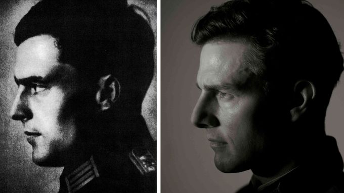 Plukovník Claus Schenk von Stauffenberg na archivním snímku (vlevo) a americký herec Tom Cruise jako jeho představitel ve filmu Valkýra.