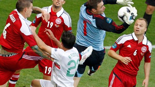 Stephan Andersen chytá střelu Portugalců během utkání Dánska s Portugalskem ve skupině B na Euru 2012.