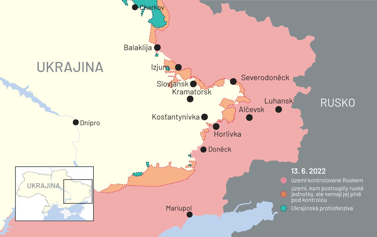13. červen 2022: Mapa bojů na Ukrajině