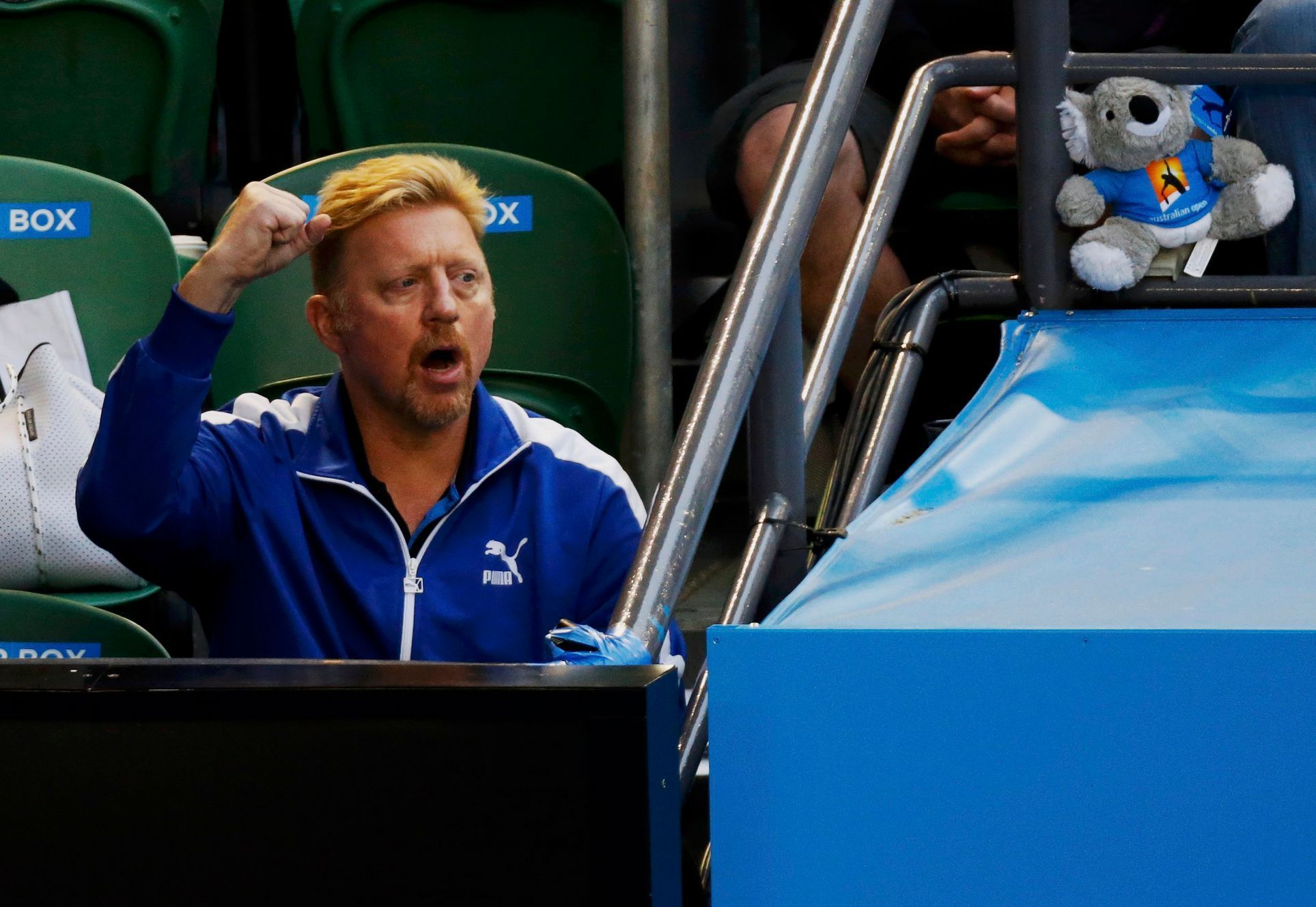 Becker, coach of Djokovic of Serbia, reacts after Djokovic won a point against Murray of Britain during their men's singles final match at the Australian Open 2015 tennis tournament in Melbourne