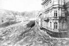 Povodeň v roce 1890 v Karlových Varech (fotomontáž).