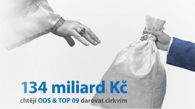 Předvolební plakát ČSSD na téma církevní restituce, 2012.