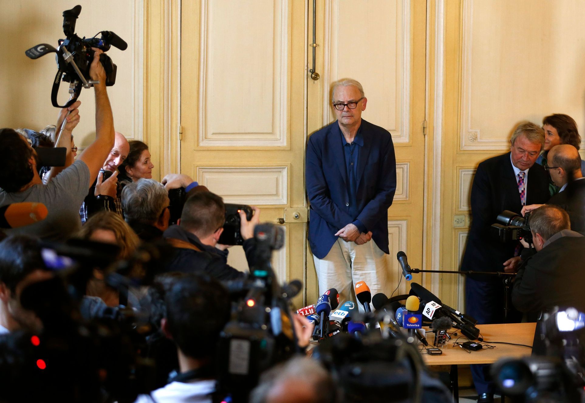 French writer Patrick Modiano attends a news conference at the French publishing house Gallimard in Paris