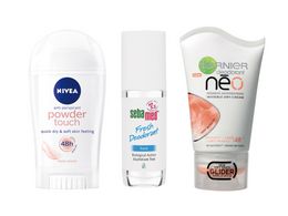 Tuhý antiperspirant Powder Touch, NIVEA, 88 Kč; roll-on na citlivou kůži, SEBAMED, 99 Kč, prodává Albert; krémový deodorant, Neo, GARNIER, 90 Kč.
