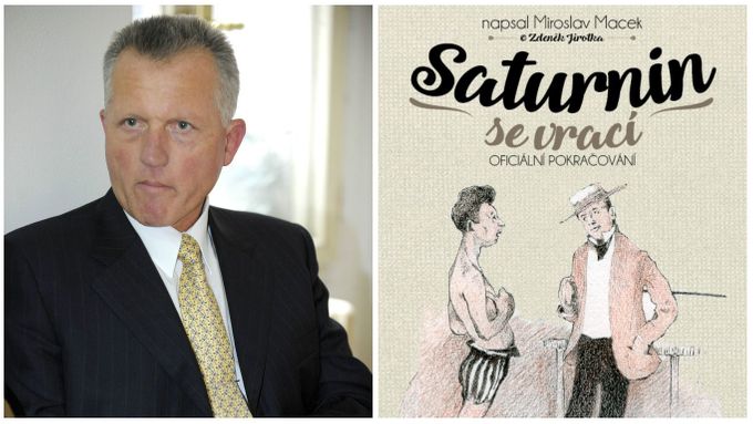 Miroslav Macek a obálka jeho knihy Saturnin se vrací.