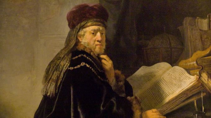 Detail z Rembrandtova obrazu Učenec ve studovně z roku 1634.