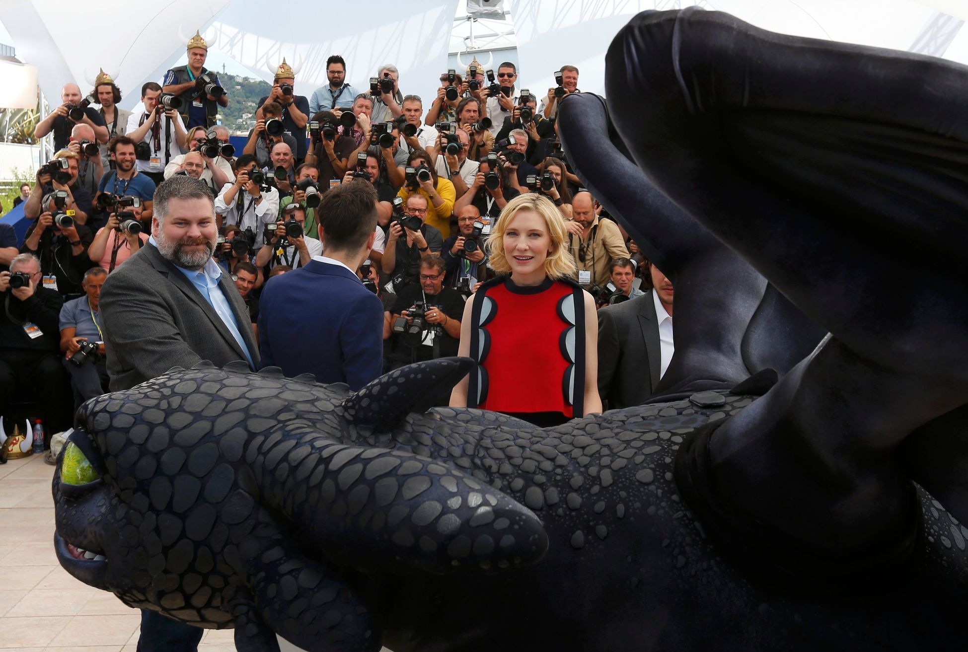 Director Dean DeBlois, cast members Jay Baruchel and Cate Blanchett pose during the photocall for the film &quot;How to Train Your Dragon 2&quot; out of competition at the 67th Cannes Film Festival in