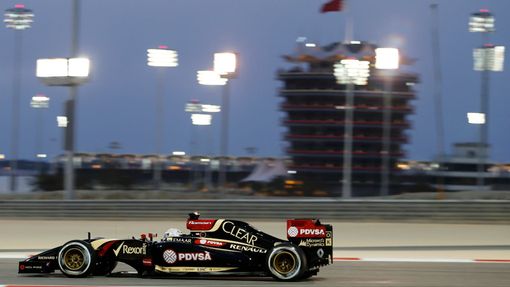 Lotus Formula One driver Romain Grosjean of France drives during the second practice session of the Bahrain F1 Grand Prix at the Bahrain International Circuit (BIC) in Sa