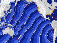 Postup tsunami po zemětřesení v Chile (v hodinách po nejsilnějším otřesu).
