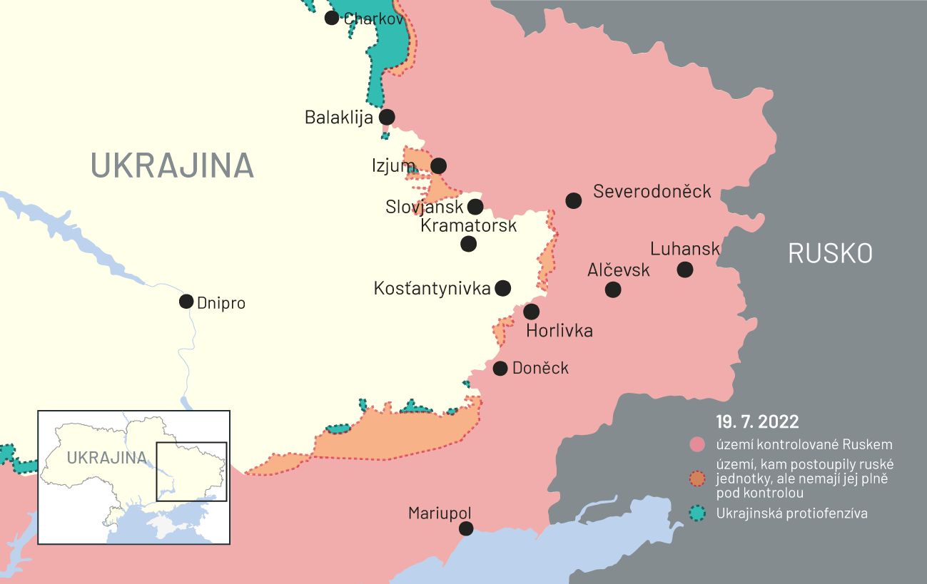 19. červenec 2022: Mapa bojů na Ukrajině