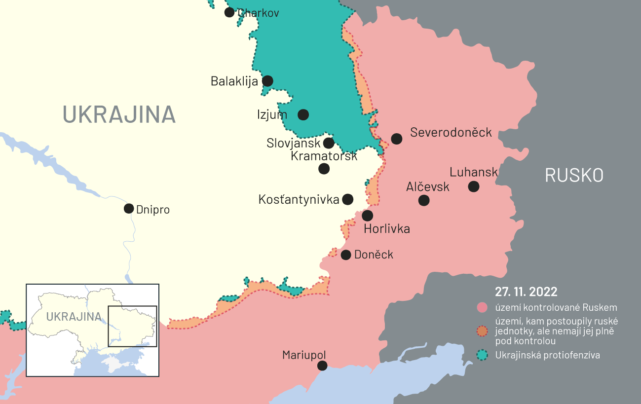 27. listopadu 2022: Mapa bojů na Ukrajině