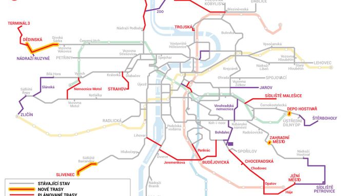 Plán nových tramvajových tratí v Praze, žlutě zvýrazněné by měly být do roku 2022 a přispět by na ně měla Evropská unie.