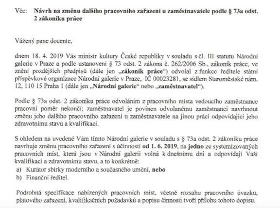 Část dopisu ředitele NG Ivana Morávka bývalému řediteli Jiřímu Fajtovi.