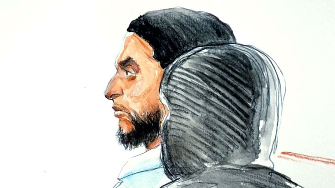 Kresba Salaha Abdeslama u soudu.
