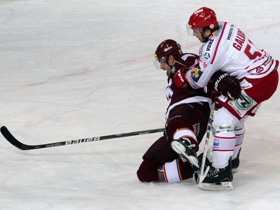 Takhle se faulovalo v hokejové extralize hokejová extraliga, Sparta Praha - Třinec: Sacha Treille a Lukáš Galvas