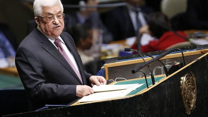 Palestinský prezident Mahmúd Abbás během svého projevu k Valnému shromáždění OSN.