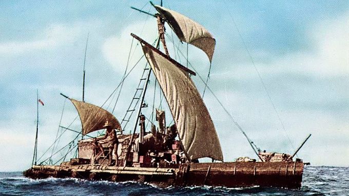 Legendární expedice  Kon-Tiki. Na voru překonala výprava asi 8000 km mezi Peru Polynésií.