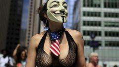 A woman takes part in the topless march in New York