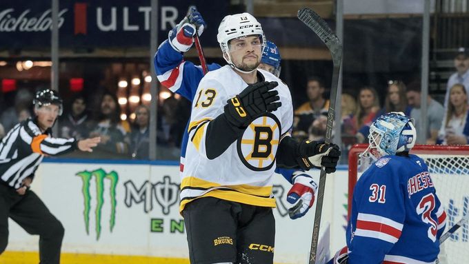 Sep 23, 2025; New York, New York, USA; Boston Bruins right wing Matej Blumel (13) reacts after scoring goal past New York Rangers goaltender Igor Shesterkin (31) during t