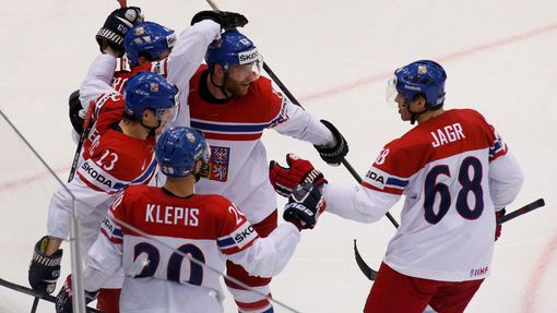 Tomas Hertl of the Czech Republic (obscured) celebrates his goal against the U.S. with team mates during their men's ice hockey World Championship quarter-final game at C