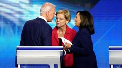 Joe Biden, Elizabeth Warrenová a Kamala Harrisová