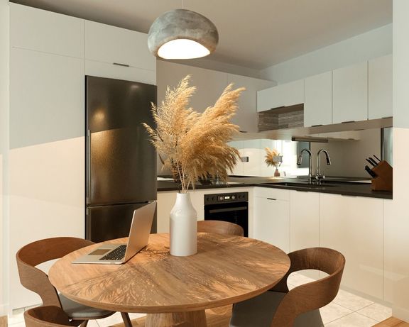 Malý kuchyňský kout v bytovém domě spojený s obývacím pokojem