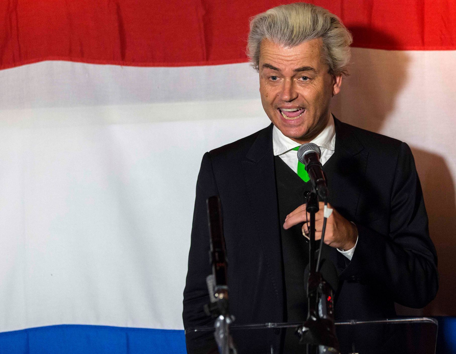 Far-right politician Geert Wilders of the anti-immigration Dutch Freedom (PVV) Party speaks at a PVV rally after the European Parliament elections in the Hague