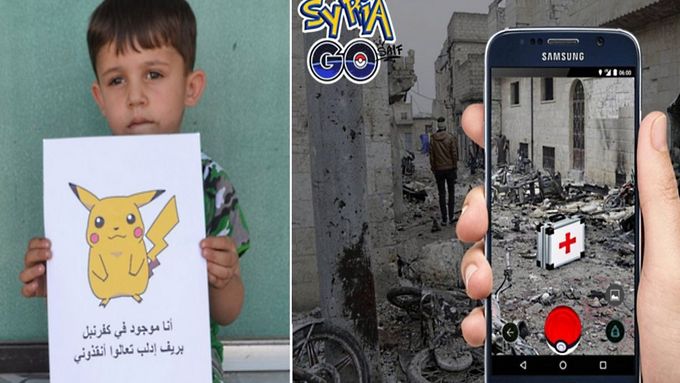 "Přijďte a zachraňte mě," žádá chlapeček na vzkazu s Pokemonem v kampani RFS. Vpravo koláž Saifa Tahhana "Syria Go".