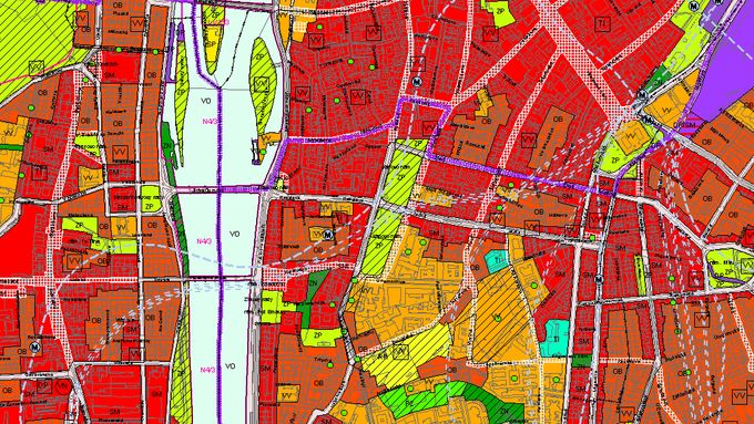 Detail centrální části města v současném návrhu nového územního plánu Prahy