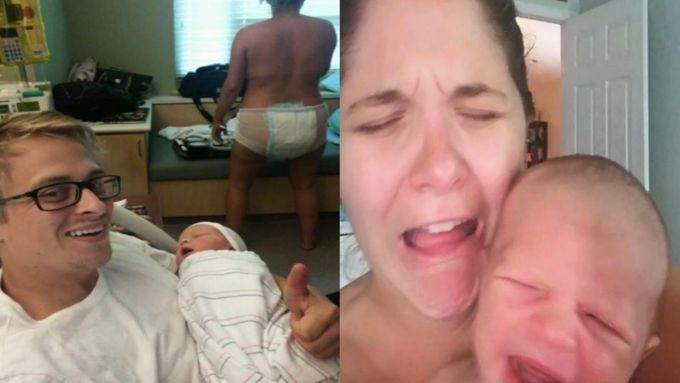 Manžel Amandy Baconové fotí odvážné selfie s narozeným synem a rodičkou. Vpravo Amanda a její syn "pláčou nad tisícovkami krásných reakcí" na toto selfie.
