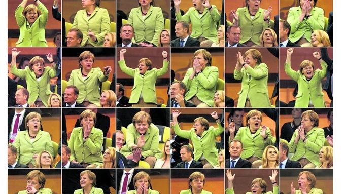 Německá kancléřka Angela Merkelová takto fandila při zápase Německo - Řecko ve čtvrtfinále (snímek sestavil německý list Die Welt)