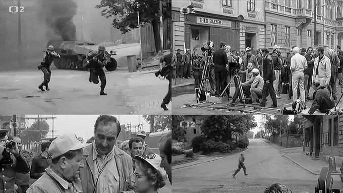 Reprofoto z dobového dokumentu Československé televize o natáčení amerického filmu Most u Remagenu v Mostě a Davli v roce 1968. Koláž