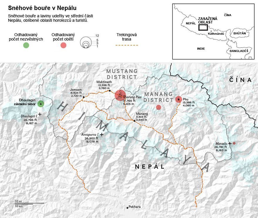 Nepál - mapa - lavina