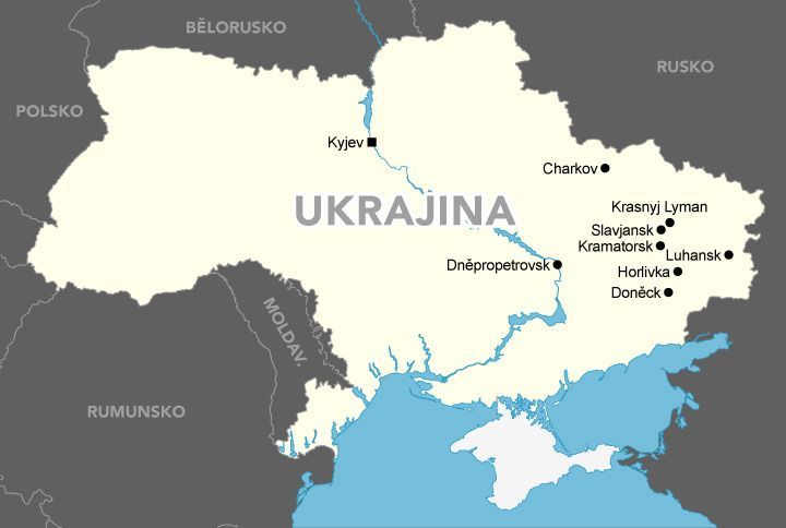 Mapa - nepokoje na východě Ukrajiny
