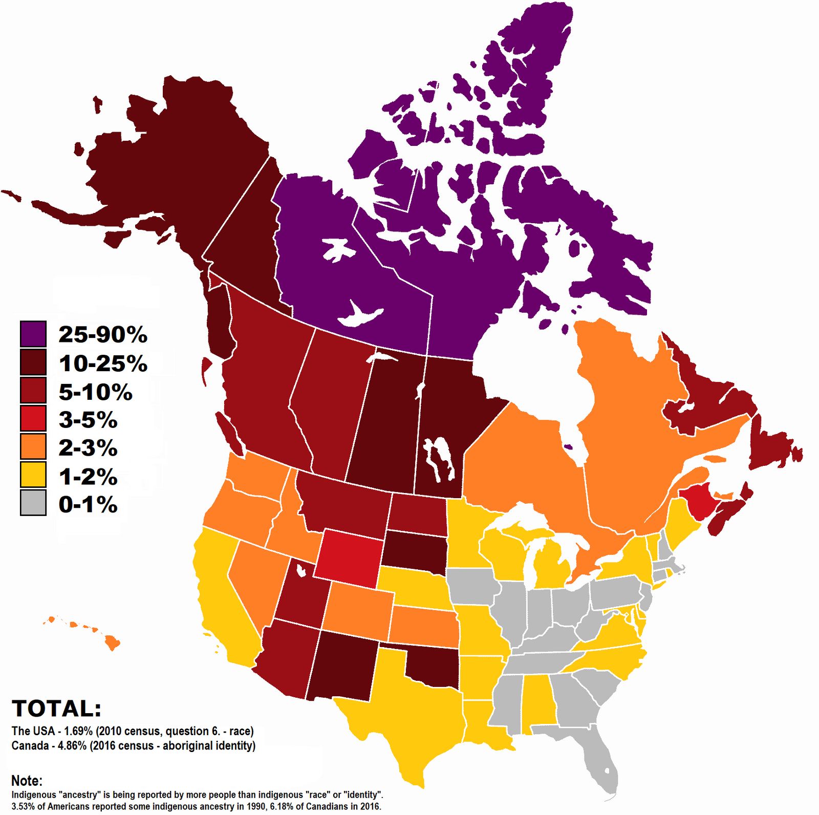 Mapa znázorňuje hustotu osídlení původních obyvatel v jednotlivých státech USA.
