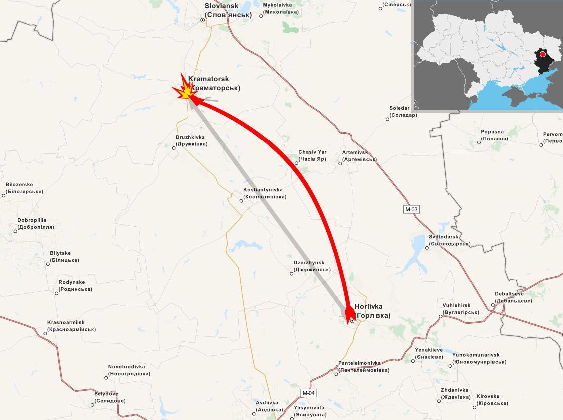 Ukrajina - rakety Horlivka - Kramatorsk - mapa